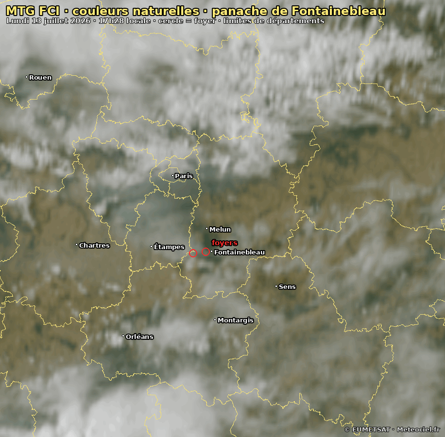 Animation satellite couleurs naturelles de 17h28 à 17h48 : le panache de fumée s'étire depuis les foyers de Fontainebleau tandis que les orages se déplacent autour.
