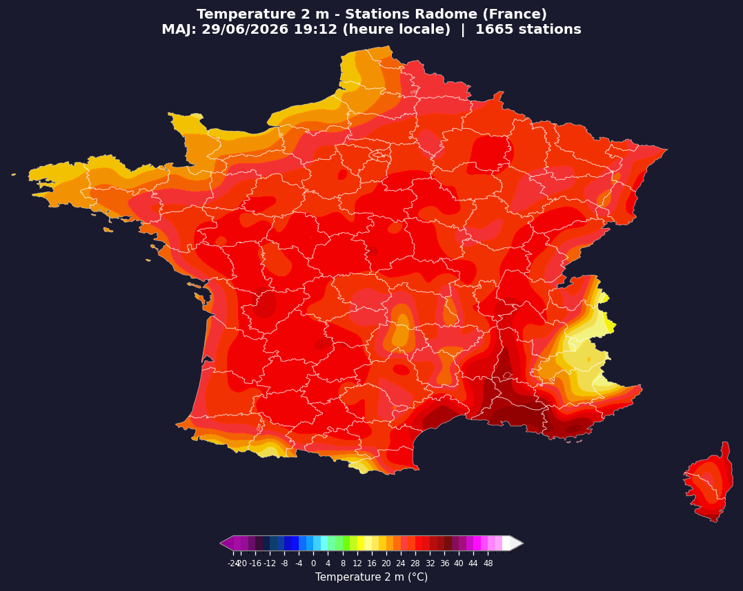 Carte température 2 m des stations Radome